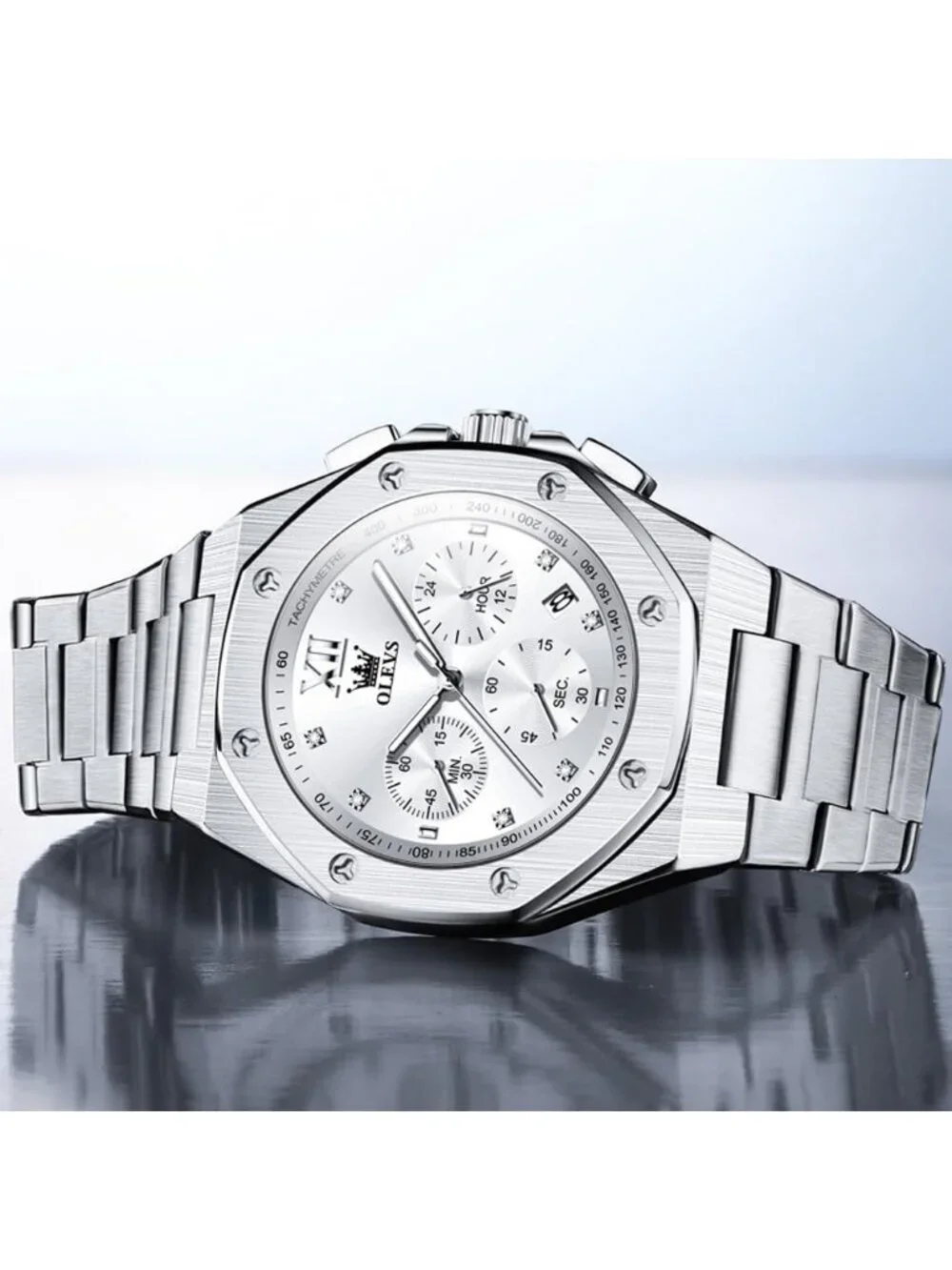 Men's Silver Luxury Stainless Octagon Analog Quartz Chronograph Waterproof Watch